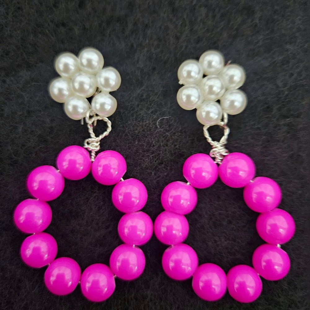 Hot Pink Glass Faux Pearl Flower Hoop Earrings